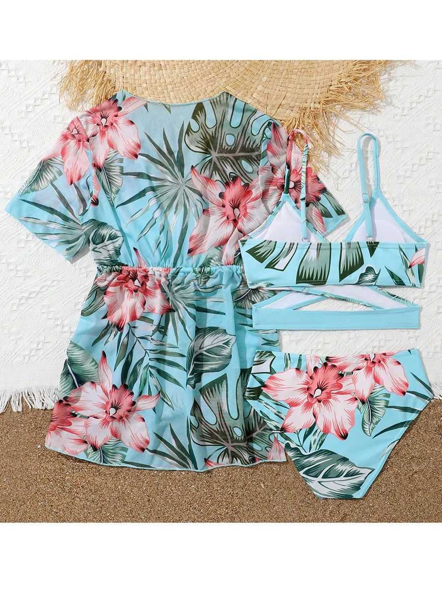 3 Pieces Bikini 2024 Girls Swimsuit Short Sleeve Kids Swimwear Female Childrens Bathers Bathing Swimming Swim Suit BeachwearXJ250214