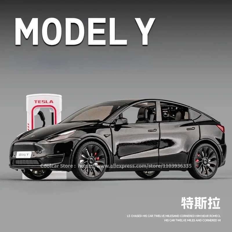 All 1 24 TESLA MODEL Y Model 3 With Charging Pile Alloy Diecast Metal Toy Car Model Sound and Light Childrens Collectibles GiftT250215