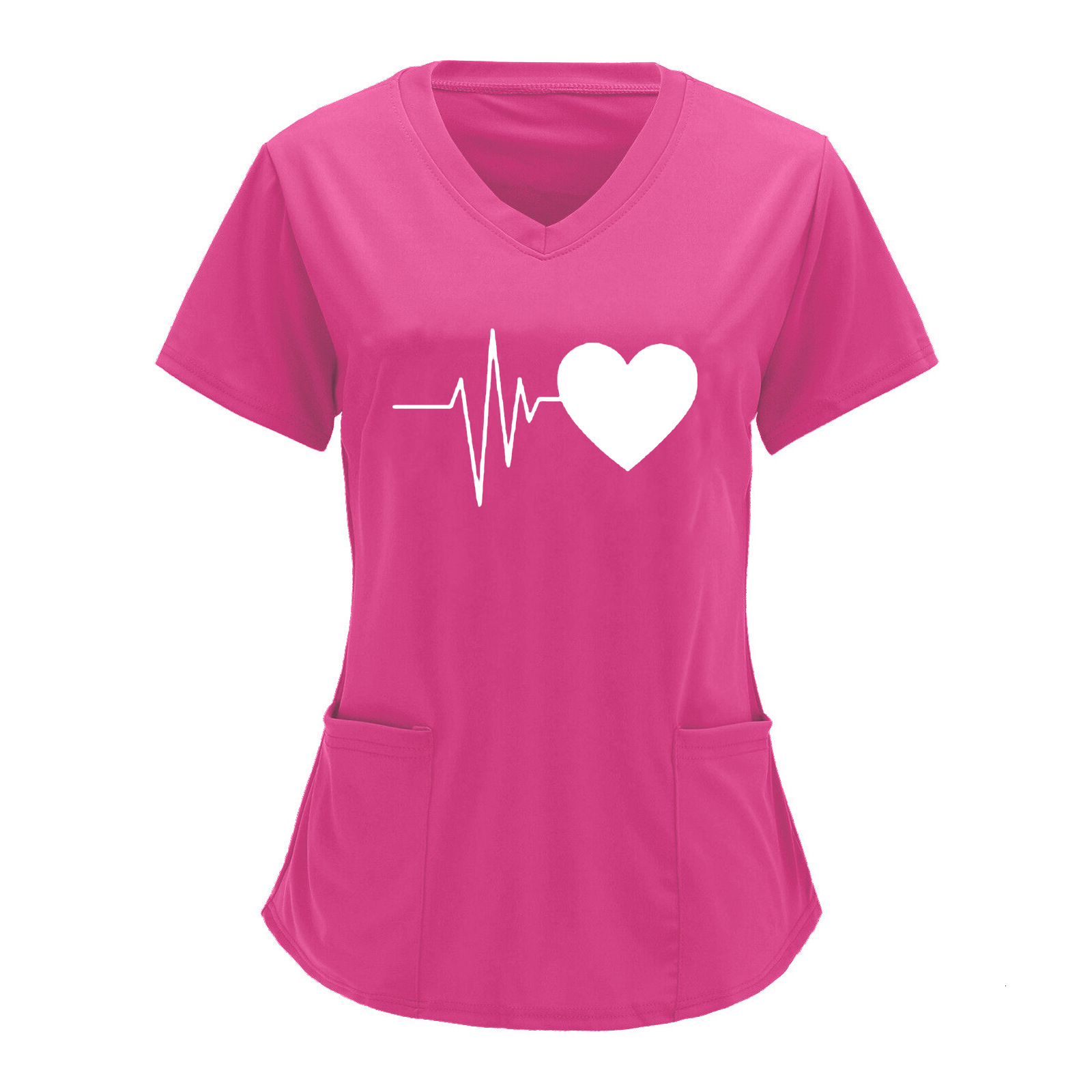 2025 Designer Nurse Protective Work Clothes V-neck Double Pocket Heartbeat Printed Shirt Short Sleeve T-shirt Large Size