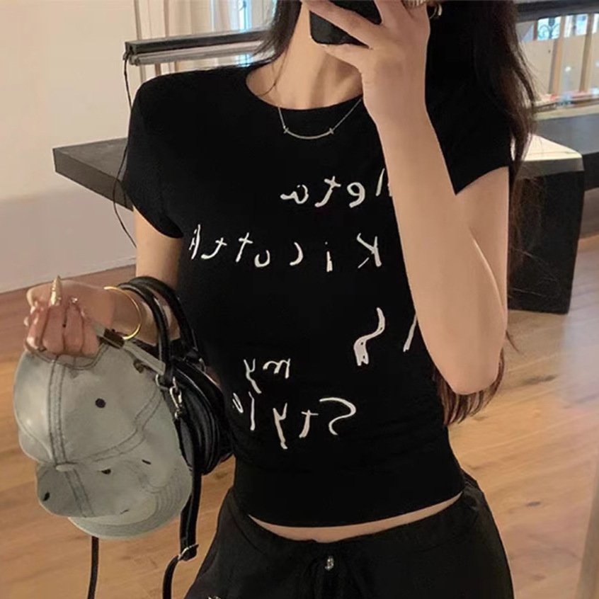 Designer Fashion Trend Korean Version Ins Shoulder Display Short Sleeved T-shirt Round Neck Casual Top American Letter Print Boutique Women's Clo