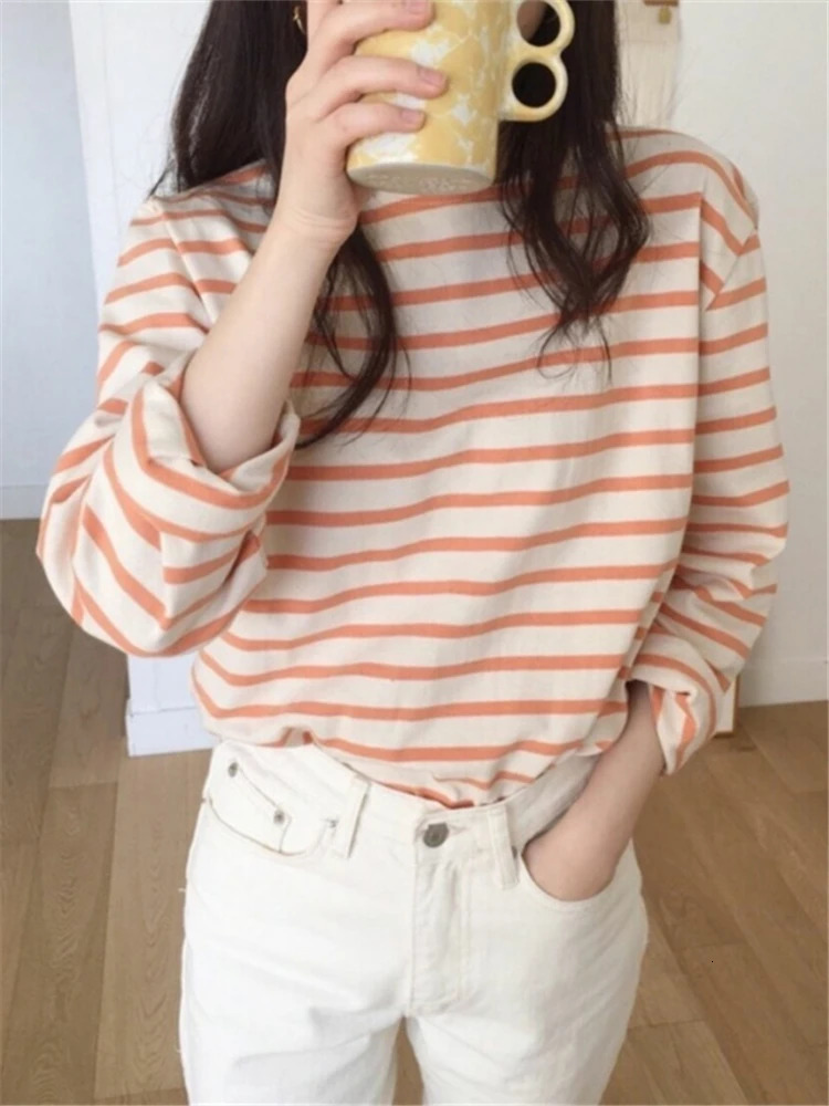 Seoulish Autumn Cotton Classic Striped Womens TShirts Long Sleeve ONeck Casual Loose Shirts Female Knitting Tops 250211