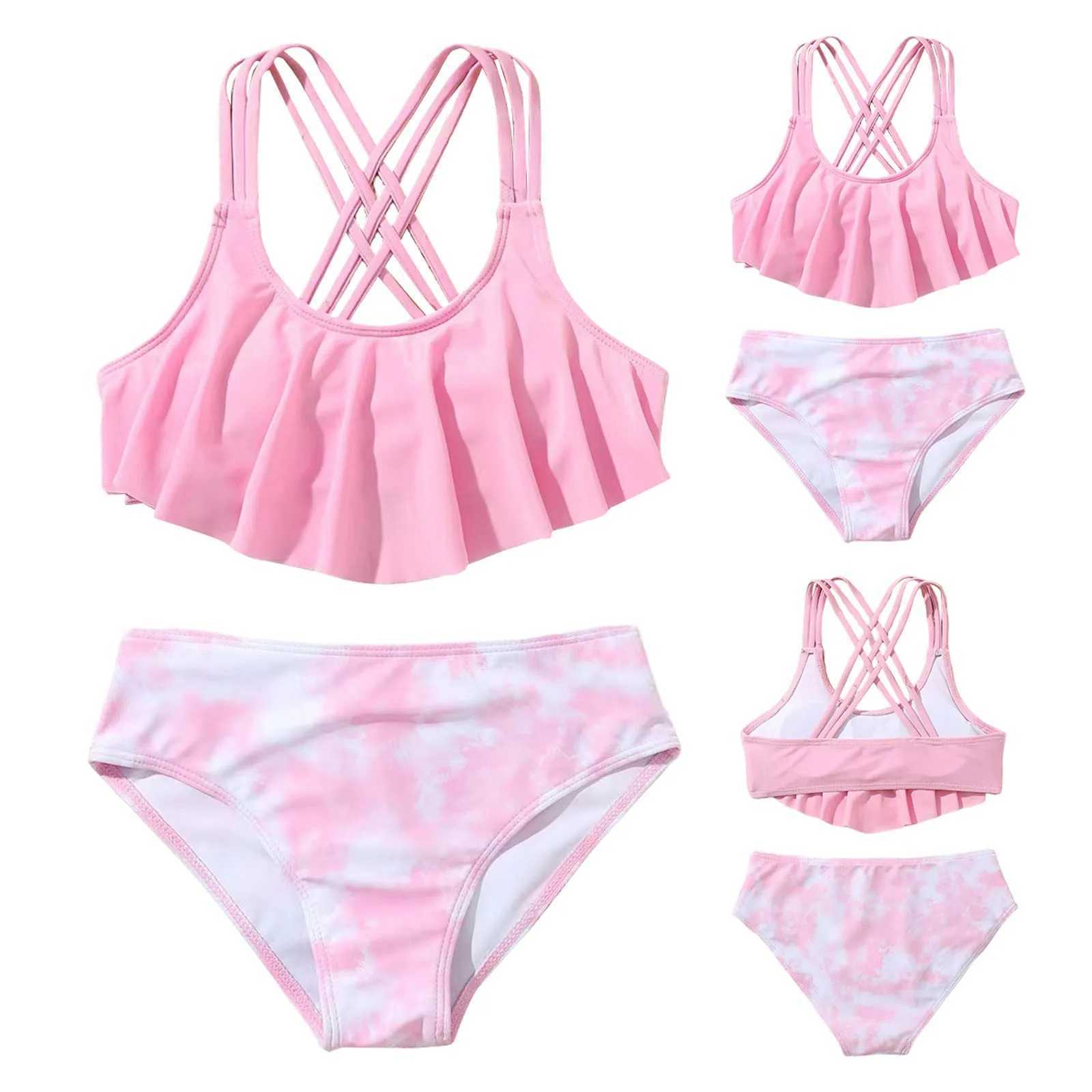 Kid Bikini Summer New Ruffles With Chest Pad No Steel Top + Tie Dye Swimming Trunks Fashion Girl Swimsuit Swim Suit GirlsXJ250214