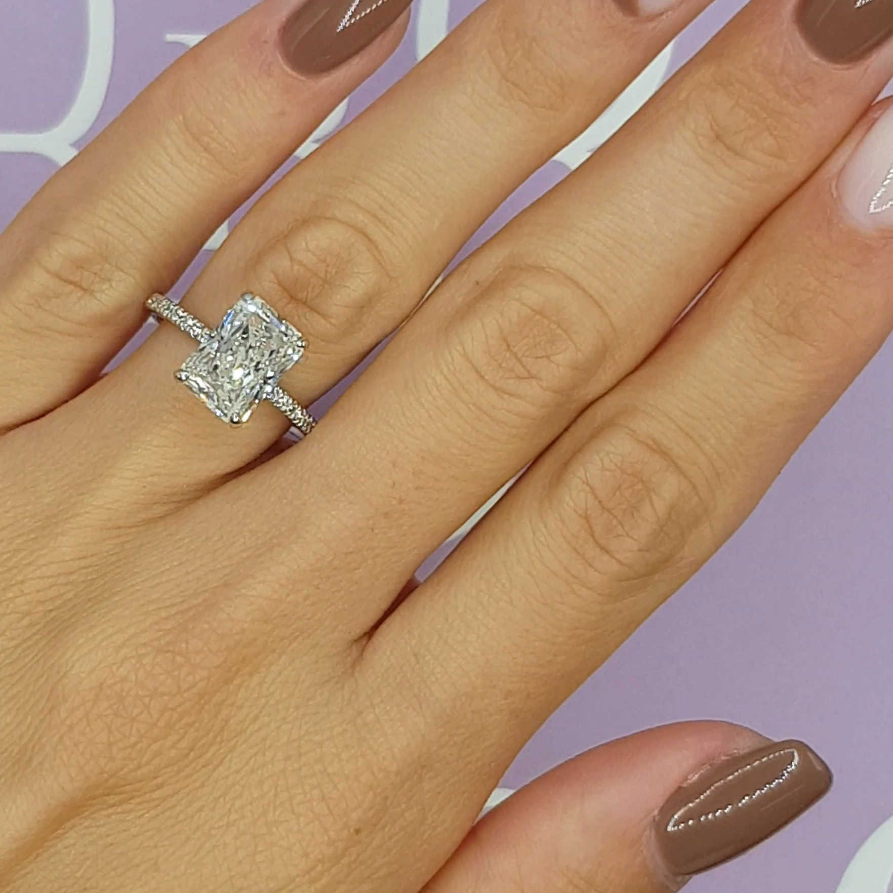 Custom Fashion Luxury Elongated Radiant Cut Micropaved Side Stones Hidden Halo Diamond Engagement Sterling Silver Ring