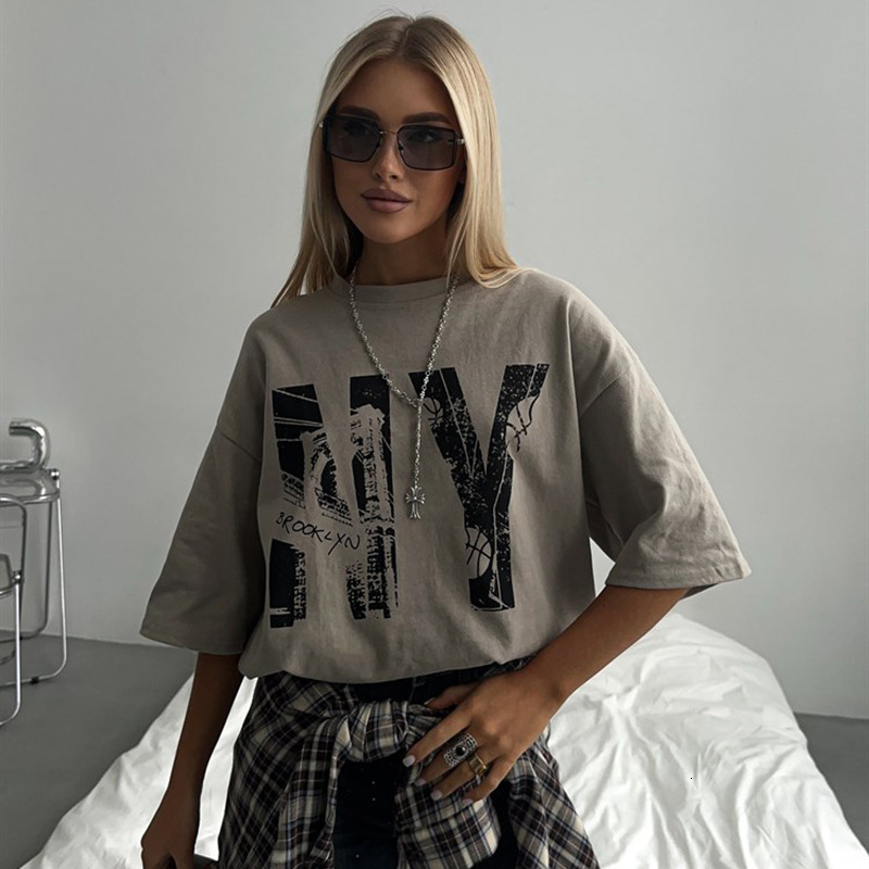 Designer Trendy Letter Printed Top 2025 Spring New Fashion Brand Versatile Round Neck Off Shoulder Sleeve Women's Short Sleeve T-shirt