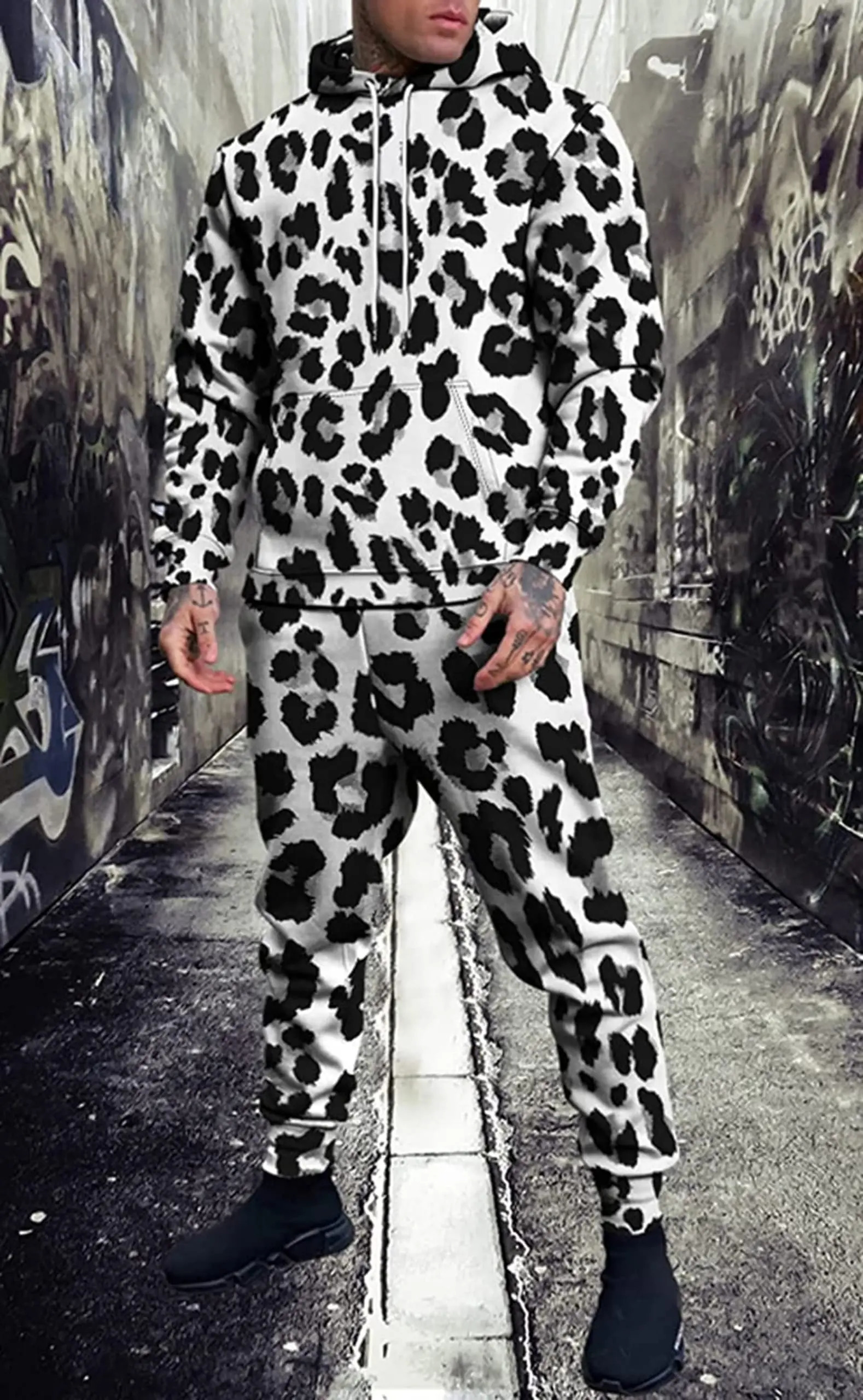 3D Leopard Print Mens Hoodie Pants 2-Piece Outfits Autumn/Winter Mens/Womens Hooded Sweatshirt Sets Oversized Tracksuit Suits 250214