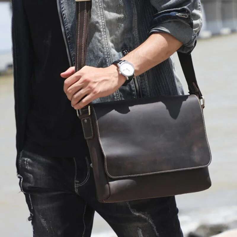 Men's Genuine Messenger A4 Vintage Crazy Horse Leather Shoulder Cowhide Magnetic Flap Laptop Crossbody Bag