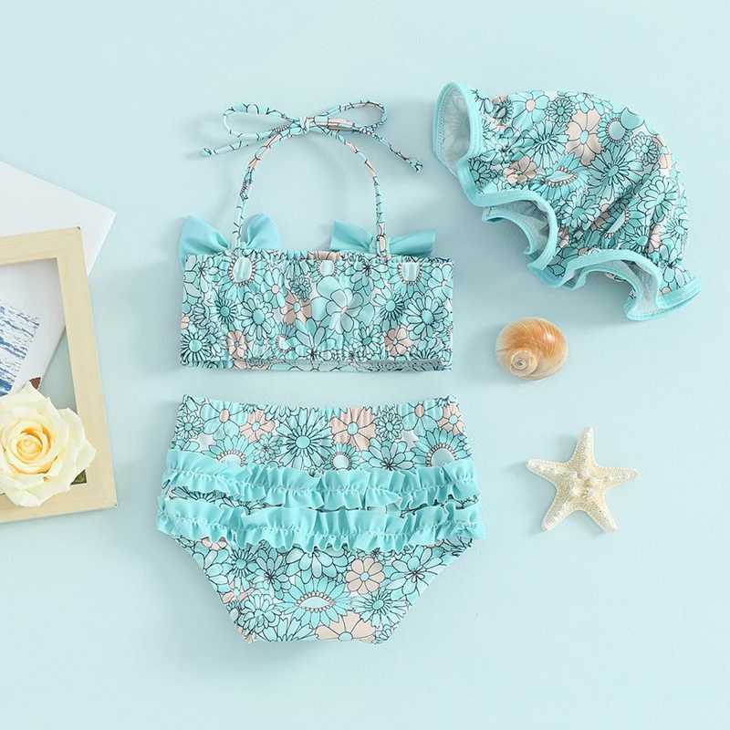 0-18M Baby Girls Summer Bikini 3 Pcs Set Floral Print Bow Halter Crop Tops with Shorts and Swimming Hat SwimsuitXJ250214