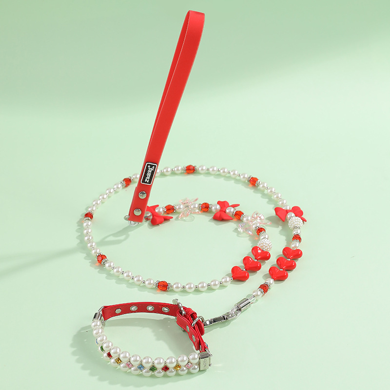 Fashion Pearl Dog Collar with Colorful Zircon Decoration,Collar Leash Set for Cat Dog, Cat Princess Neck Decoration, Adjustable Pet Collar for Small M
