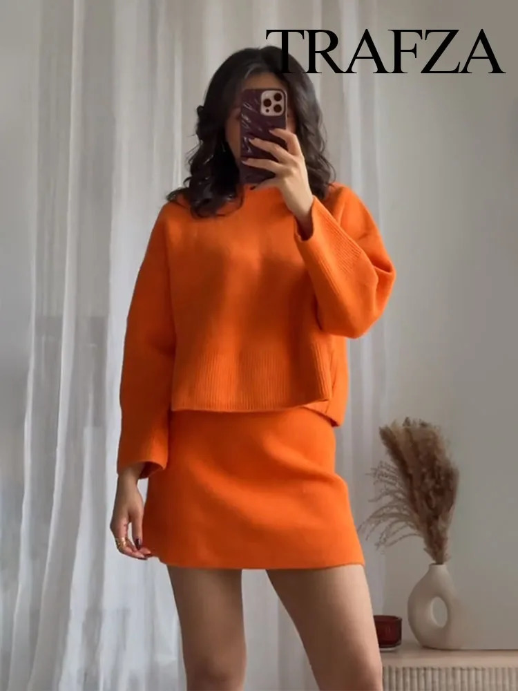 TRAFZA Women Fashion Skirt Suits Orange ONeck Long Sleeves PulloverElastic Waist Mini Skirts Female Spring Casual Knitting Set 250214
