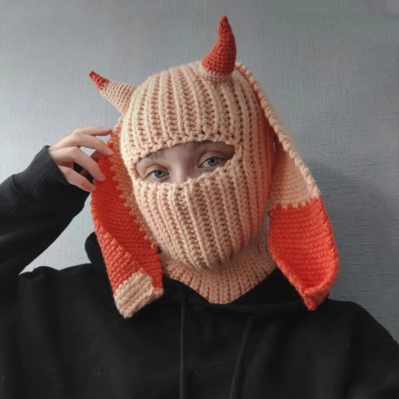 Rabbit Ear Balaclava Hat Womens Autumn/Winter Y2k Knitted Bean Solid Color Full Face Ski Mask Hat 250214