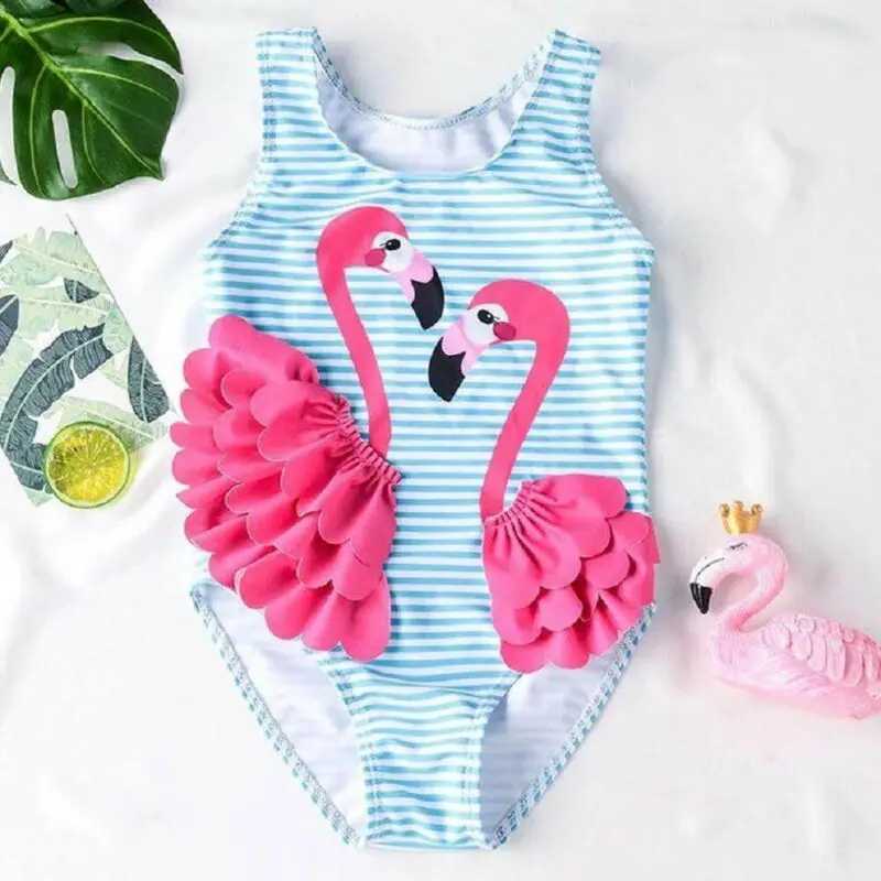 1-4 Years Kid Baby Girls Swimsuits Flamingo Striped Swimwear For Girls Summer One Piece Swimsuit Girls Beach Bathing SuitXJ250214