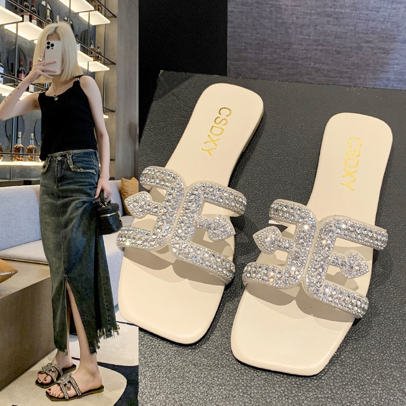 Women Slippers Plus Size Fashion Flat Bottom Versatile Diamond Design Triple Black Beige Khaki Free shipping