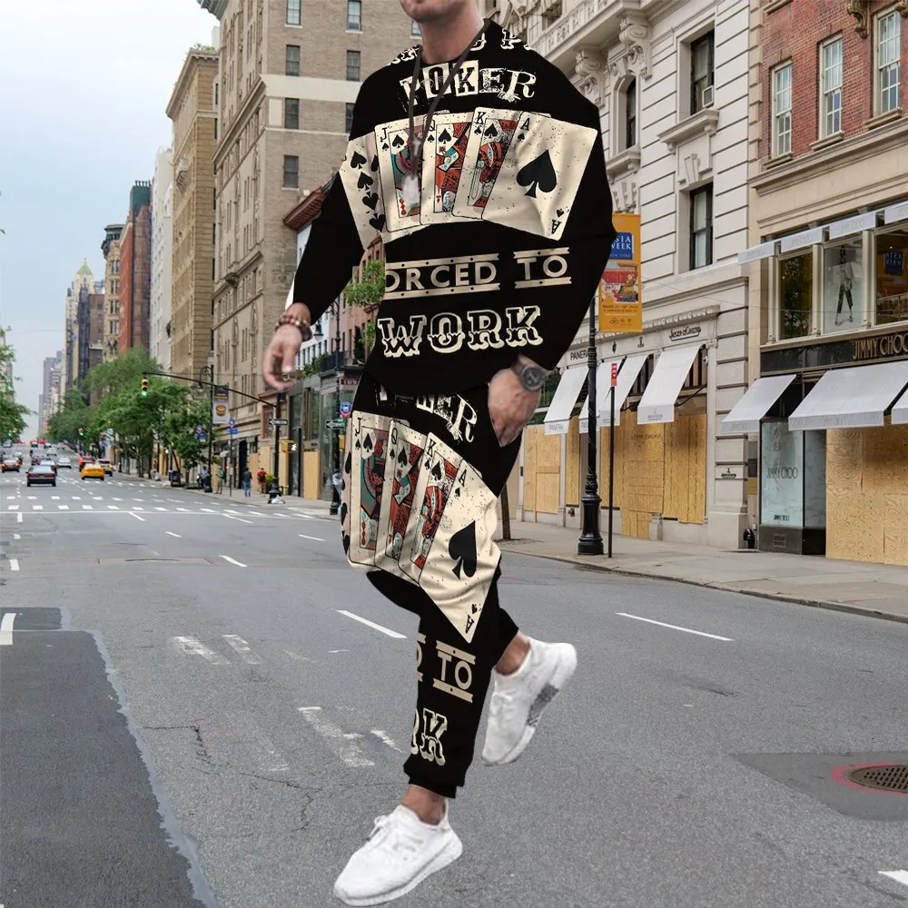 Fashion Poker 3D Print Mens Sportswear Set Casual Long-Sleeved T Shirt Pants 2-Piece Set Oversized Pullover Men Clothing 250214