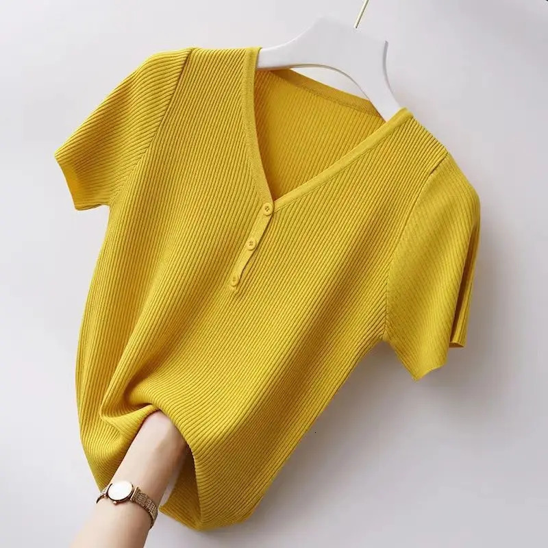 Summer Korean Fashion Vneck Slim Ice Silk Thin Short Sleeve Knit Tshirt Women Solid Patchwork Button Versatile Top 250211