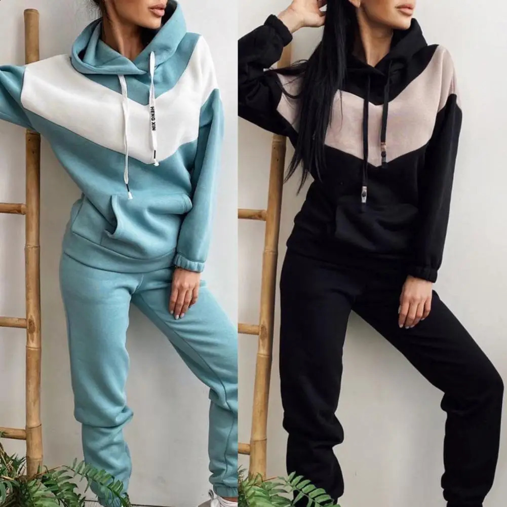 1 Set Stylish Tracksuit Contrast Color Hooded Drawstring Sweatshirt Pockets Pants Set for Running Sport Outfit Sports Suit 250210