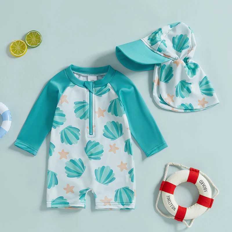 0-5Y Kids Boys Long Sleeve Swimwear Summer Shell Print Zipper Rash Guard Swimsuit and Hat Beachwear Bathing SuitXJ250214