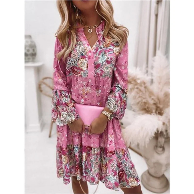 Womens Spring and Autumn Knee Length Dress Sexy V-neck Style Sweet Printed Temperament Long Sleeve Swing Dress Boho Dress 250213