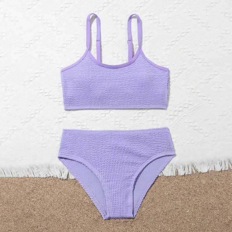 Summer Children Swimwear Girls Solid Fashion Cool Two Piece Swimsuit Kids Teenager Bikini Set Bathing Suit Seaside Beach WearXJ250214