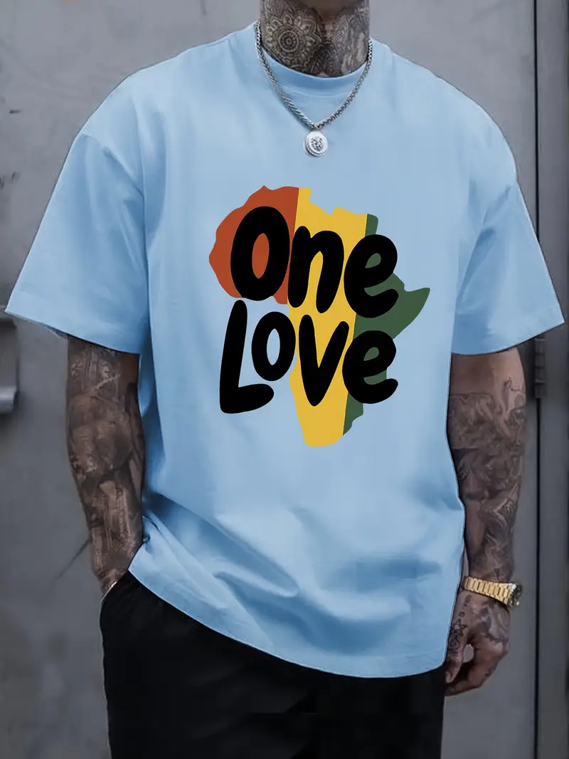 One Love Print Short Sleeve Tee One Love Letter Print Men's Short Sleeve T-Shirts, Comfy Casual Elastic Crew Neck Tops For Men's Outdoor Act