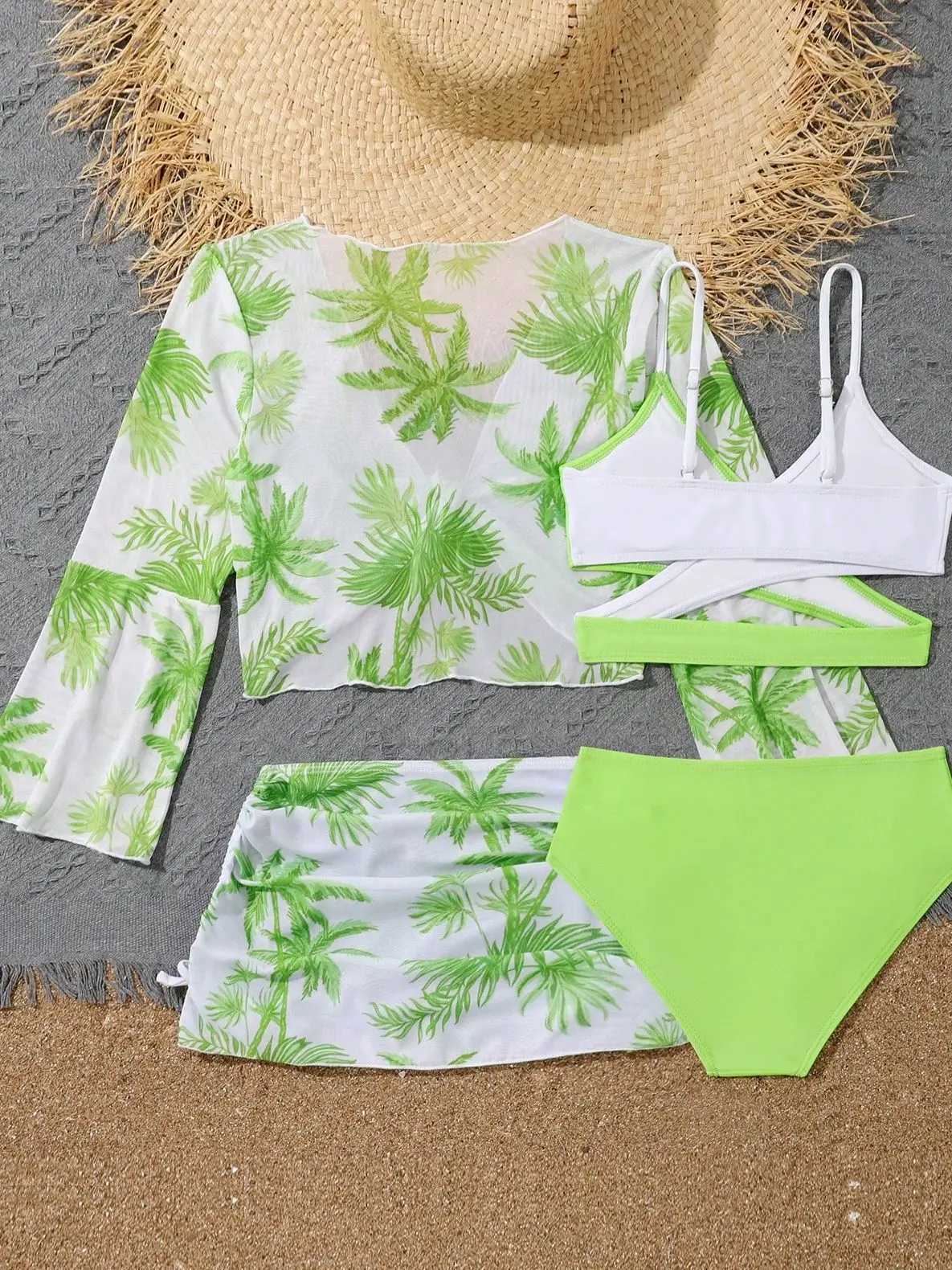 4 Pieces Bikini Top Skirt 2023 Girls Swimsuit Kids High Waist Swimwear Children Bathers Bathing Swimming Swim Suit BeachwearXJ250214