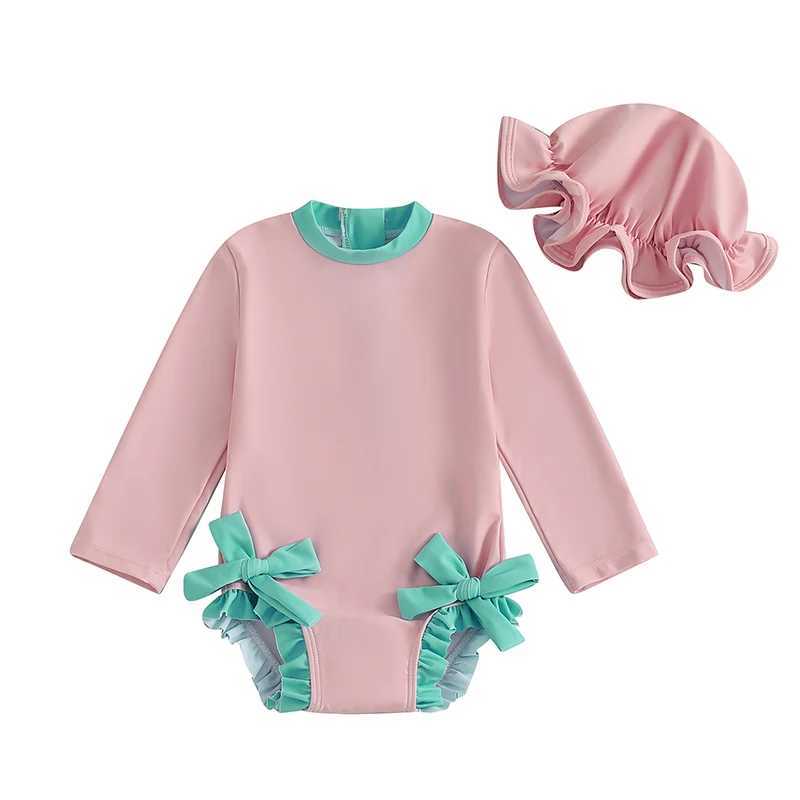 0-3Years Baby Girl Swimsuit Summer Cute Bow Print Long Sleeve Ruffled Bathing Suit with Sun Hat Rash Guard Beach SwimwearXJ250214