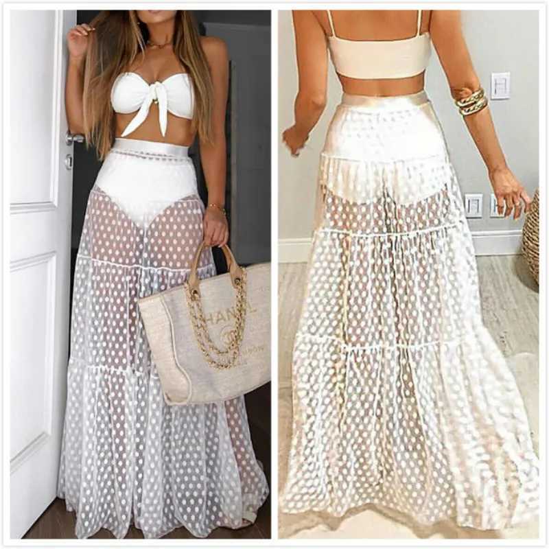Womens summer bikini cover polka dot mesh transparent waist length skiing beach chiffon bag swimsuitW250214