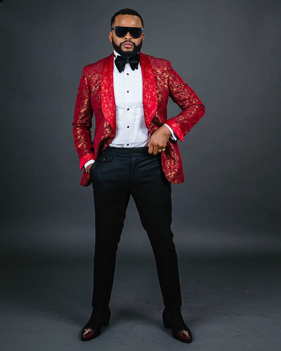 Red Pattern Mens Wedding Tuxedos Shawl Lapel Groom Wear Party Birthday Black Pants Suits 2 Pieces Customized