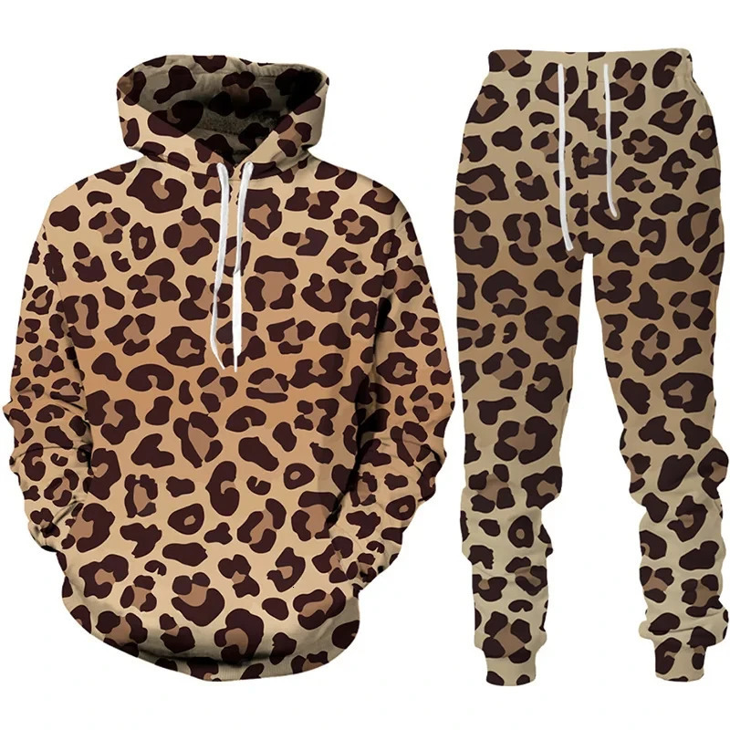 3D Leopard Print Mens Hoodie Pants 2Pcs Outfits Casual Men Women Hooded Sweatshirt Sets Autumn/Winter Oversized Tracksuit Suits 250214