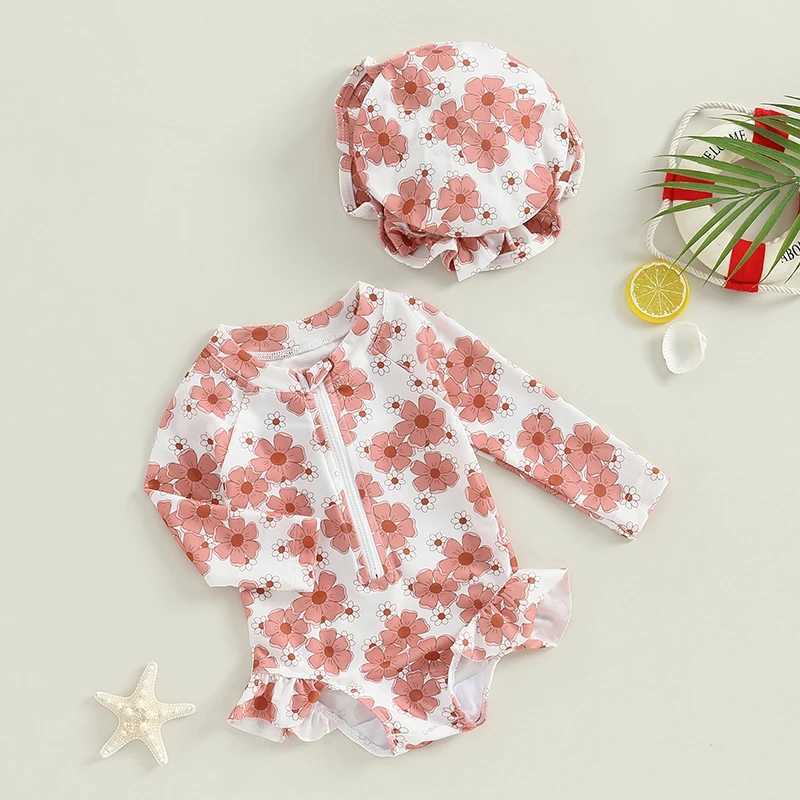 Baby Girls Swimsuit Long Sleeve Flower Print Zipped Bikini with Hat Newborn Swimwear for Summer BathingXJ250214