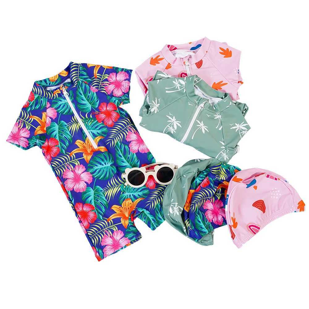 Elinfant Baby 0-2Y Newborn Infant Toddler Baby Boy Girl Swimsuit Short Sleeve Swimwear Beachwear Suit With HatXJ250214