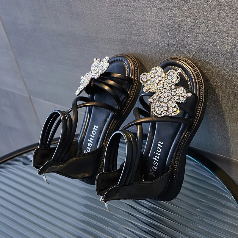 Girls Sandals Summer Rhinestone Butterfly Princess Shoes Kids Roman Sandals Casual Beach Shoes Fashion Children Flat Sandals 250214