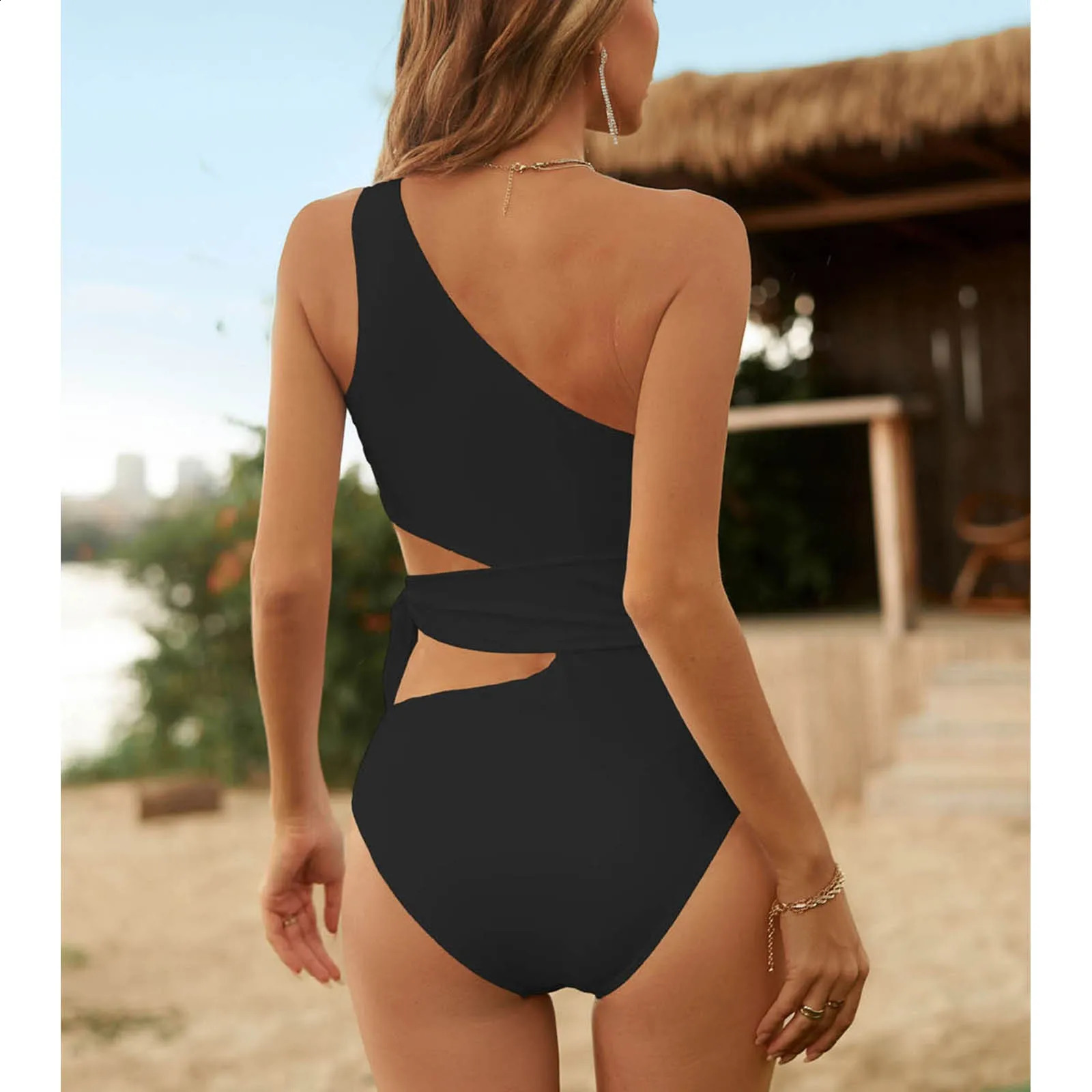 Swimsuit Trend Women Swimsuits One Shoulder Monokinis Tie Side Cut Out Bathing Suits Lace Up And Hollowed Solid Bikini 250213