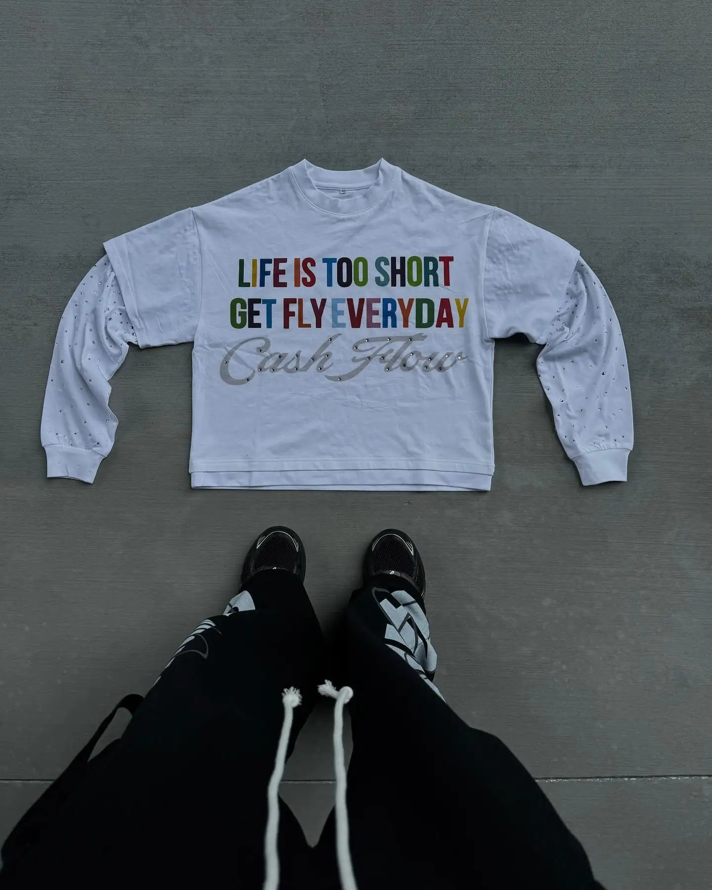 Harajuku Hip Hop Letter Pattern Double Layer Long Sleeved Graphic T Shirts Gothic Retro Diamond Sweatshirt Casual Streetwear 250210