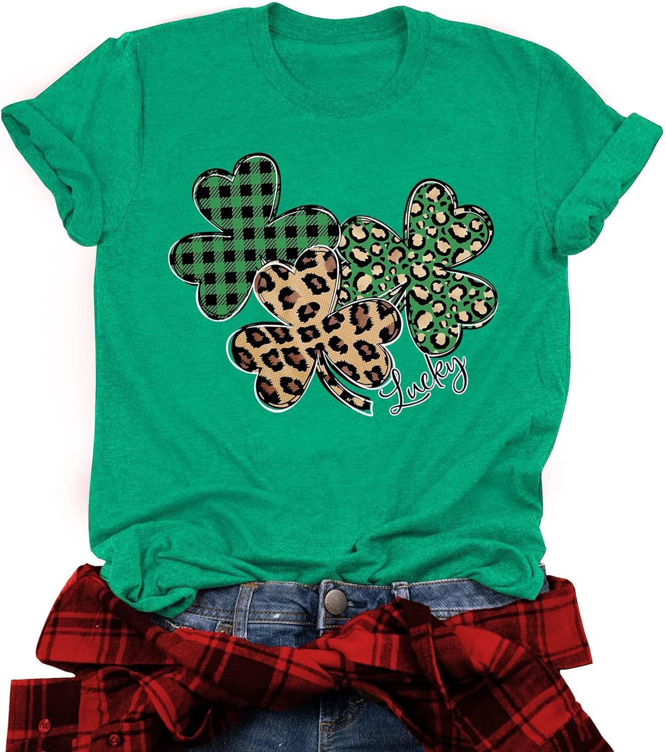 Designer Fashion Trendy St. Patrick Day Women T-shirt Blessings Lucky Irish Clover Green Short Sleeve