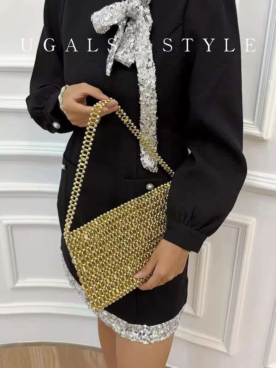 Fashion Beads Beading Woven Handmade Square Women's Handbag Glitter Shiny Shoulder Underarm Lady Purse Female Casual Bag