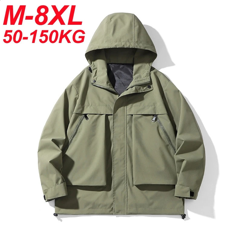 Spring Autumn Mens Windbreaker Jackets Korean Fashion Waterproof Windproof Outdoor Big Pockets Hooded Loose Coat Size 8XL 250210