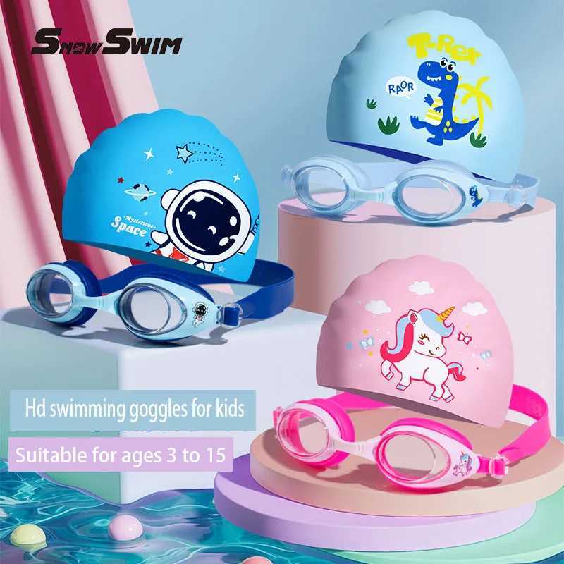 Childrens Swimming Goggles Small Frame Waterproof Anti-fog HD Boys and Girls Swimming Glasses Swimming Cap Set Diving Equipment Z250215