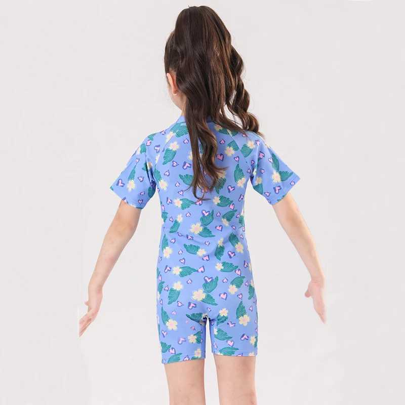 Leaf Print One Piece Girls Swimwear Kids Short Sleeve Swimsuit With Front Zipper Summer Children Swimming Suit BeachwearXJ250214