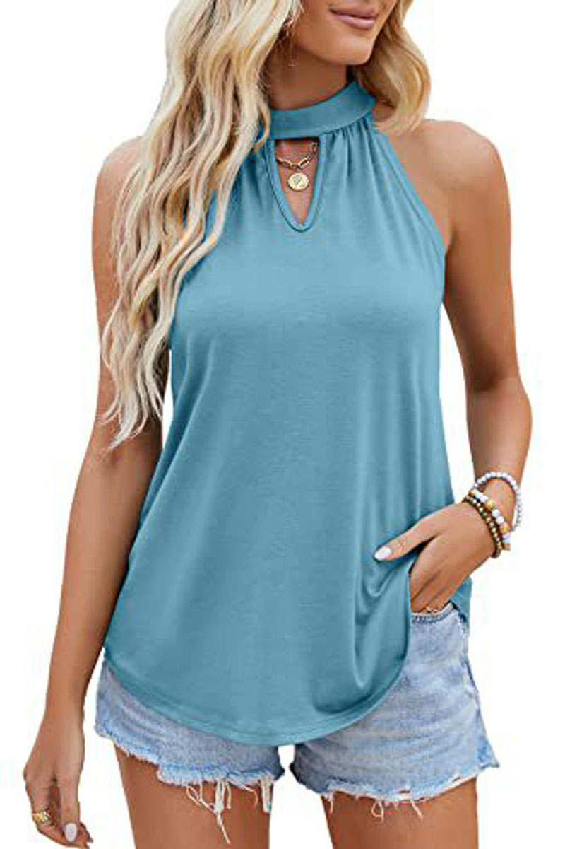 202 summer new loose fit women's vest hanging neck top with lock hole sleeveless shirt