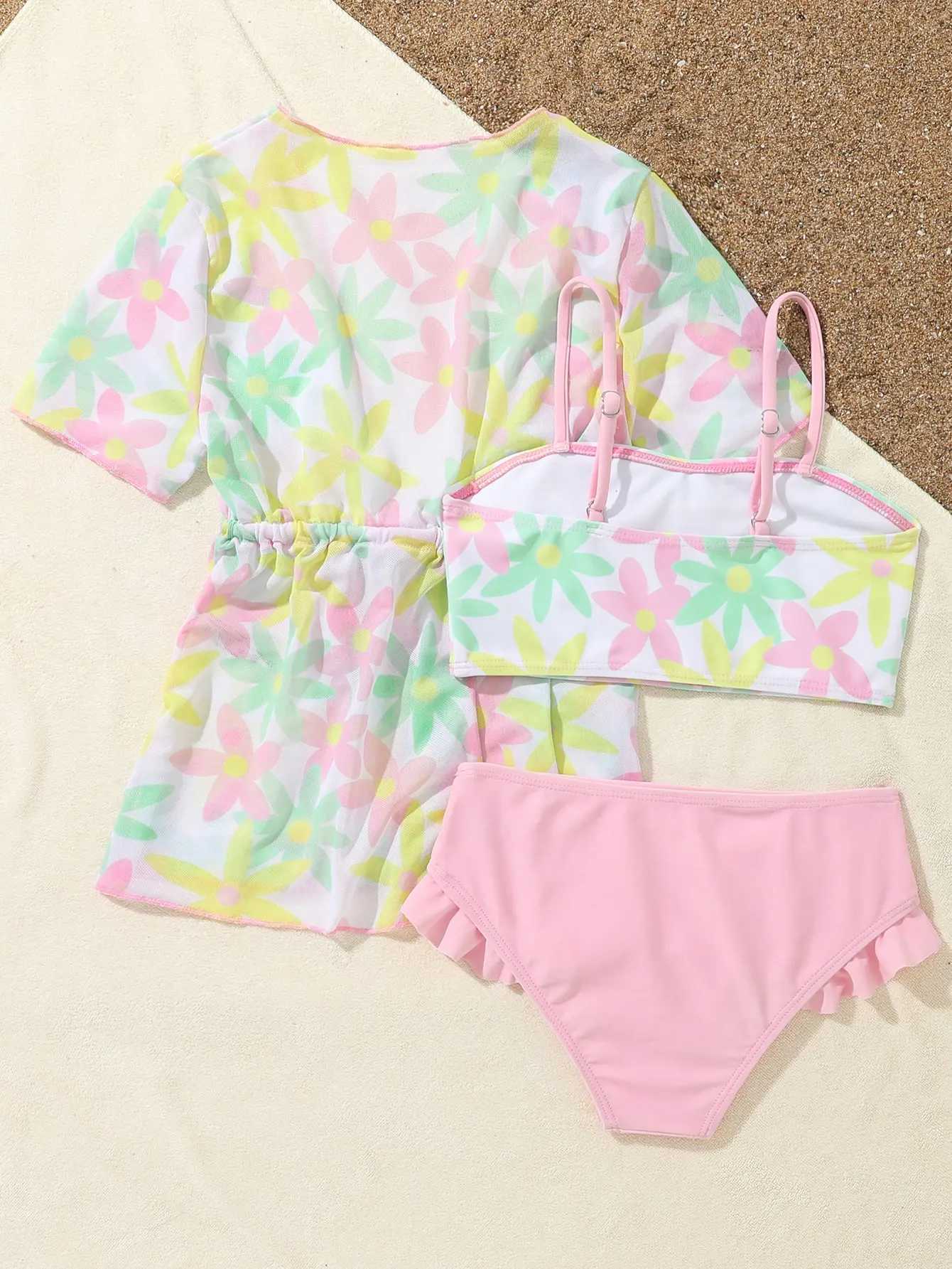 New Flower Print Girls Swimwear Bikinis 3 Pieces sand Swimsuit Suit s1005XJ250214