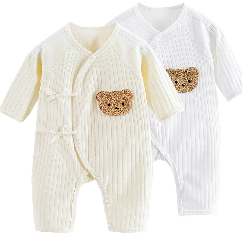 Boys and girls one-piece dress 100% pure cotton baby long sleeved jumpsuit baby pure cotton knitted thin jumpsuit 250214