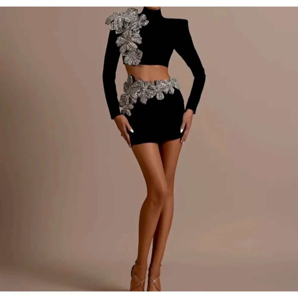 Elegant Two-piece Sets Stand Neck Long Sleeve Chic 3D Floral Top Slim High Waist Short Skirt Evening High Street Autumn Clothing 250210