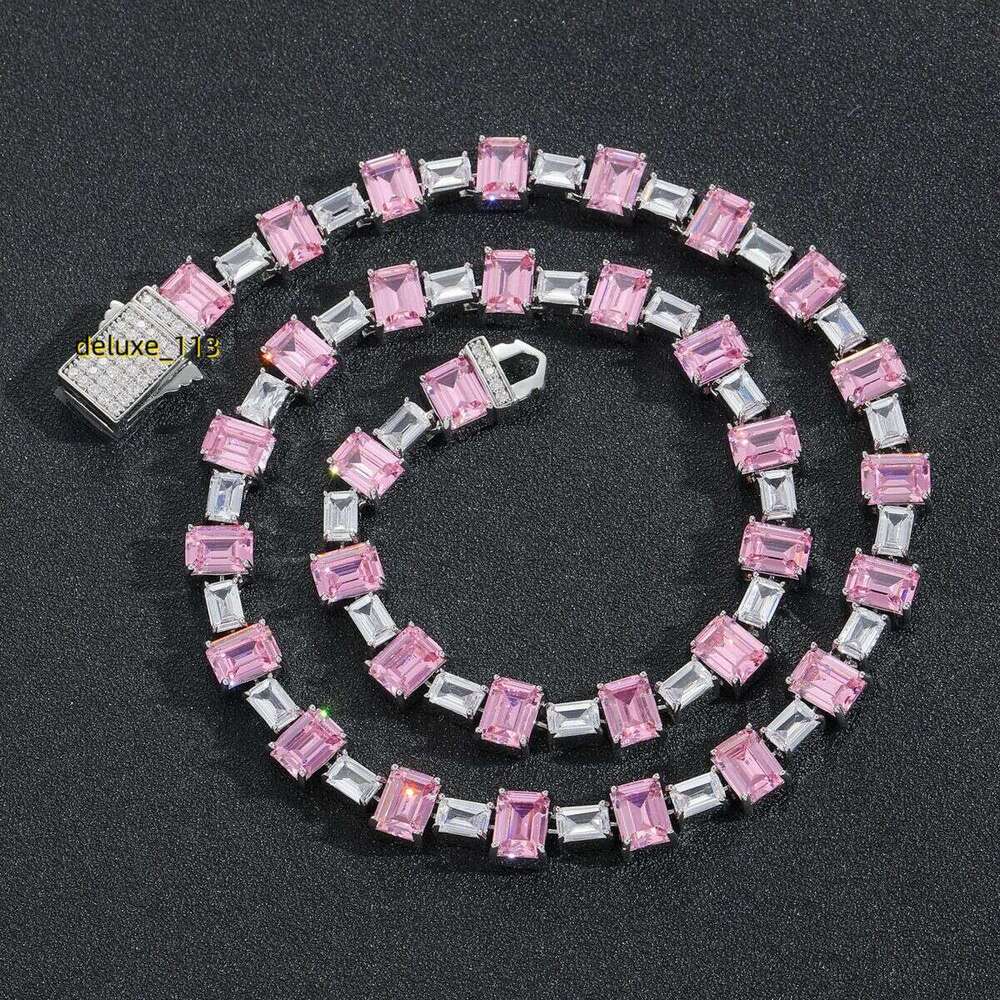 Hip hop pink color blocked square Moissanite simple tennis personalized moissanite collarbone chain hip-hop trendy brand necklace