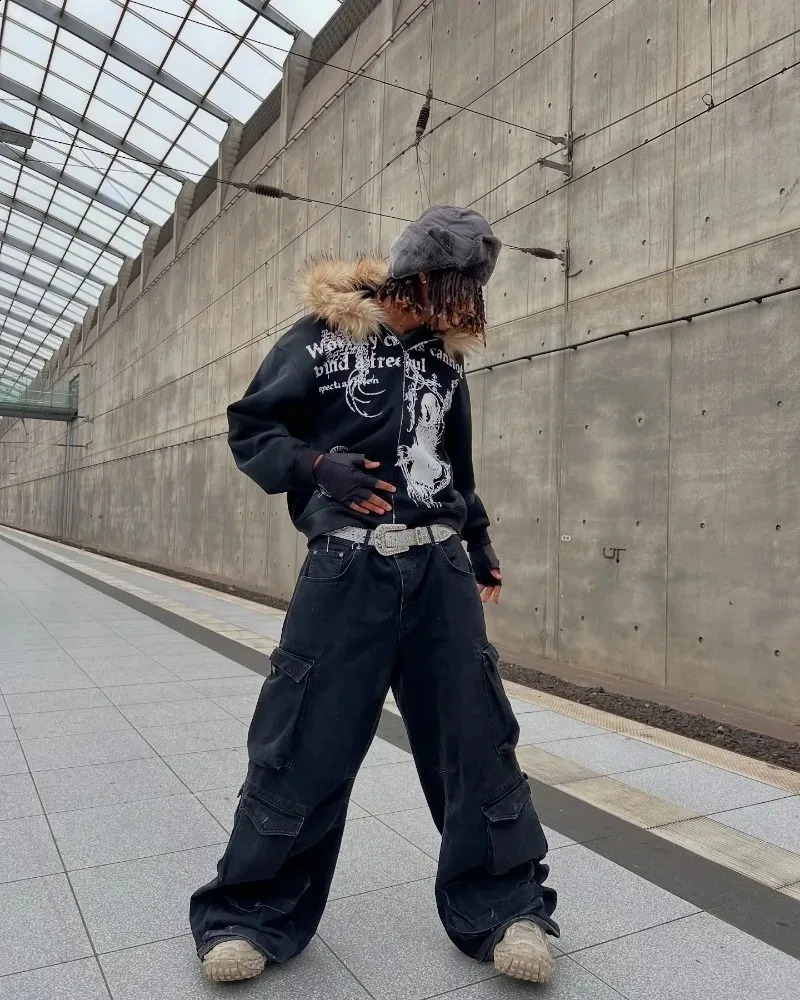 American Cartoon Print Zipper Hoodie Male Y2k Street Fashion Warm Fur Collar Coat Harajuku Punk Loose Sweatshirt 250211