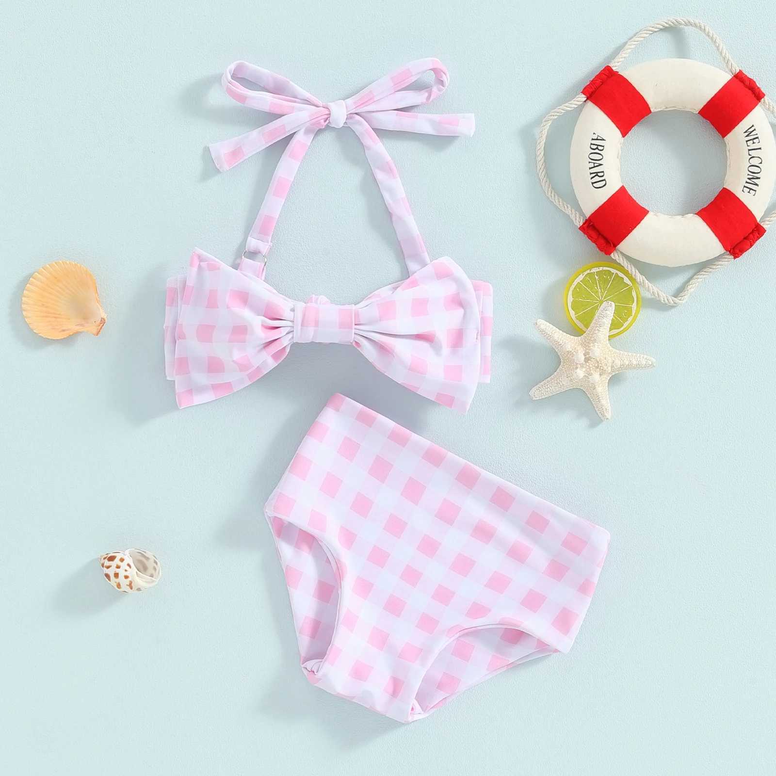 2024 New Little Baby Girls Summer Bikini 2 Pcs Set Toddler Flower/Plaid Print Sleeveless Bow Bikini Tops with Shorts SwimsuitXJ250214