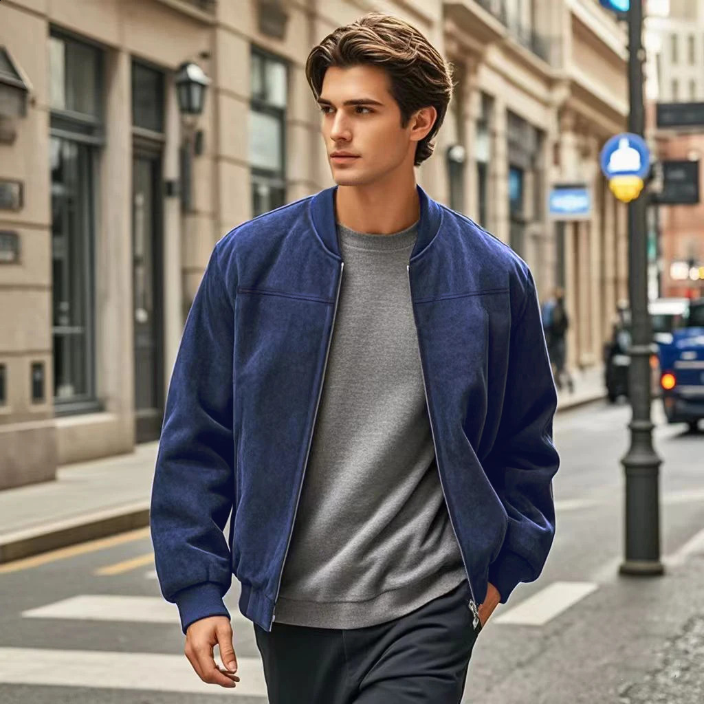 Autumn Suede Solid Color Mens Zip Jacket Vintage Cardigan 250210