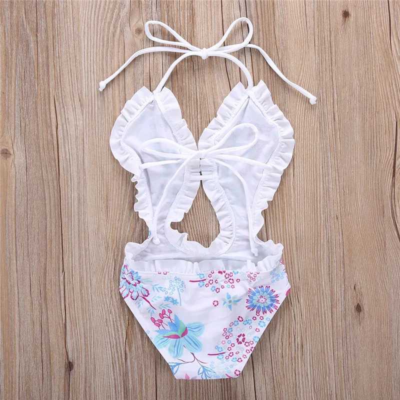 1-6years Kids Girls Swimwear Bodysuit Floral Printed Sleeveless Backless Bandage Ruffled One_piece Swimsuit For Infant GirlsXJ250214