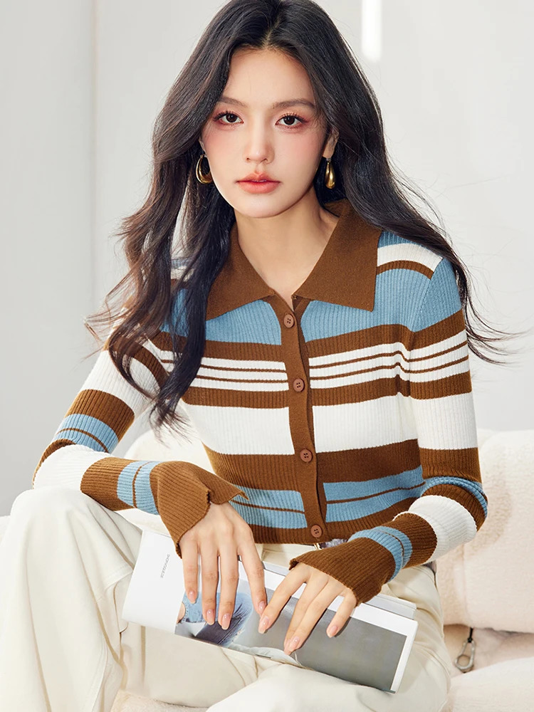 Korean Style Lazy Wind Striped Long Sleeve Sweater Cardigan Women Fashion Casual Knit Tops Harajuku Retro Sweaters 250211