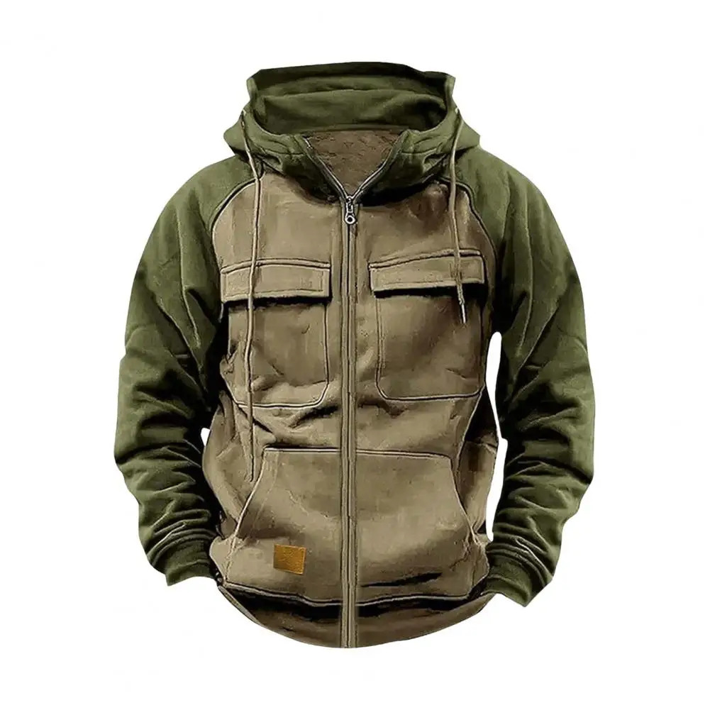 Men Hoodie Zipper Closure Elastic Cuff Retro Male Hooded Jackets Multi Pockets Cargo Warm Sweatshirts Thick Outdoor Coat 250214