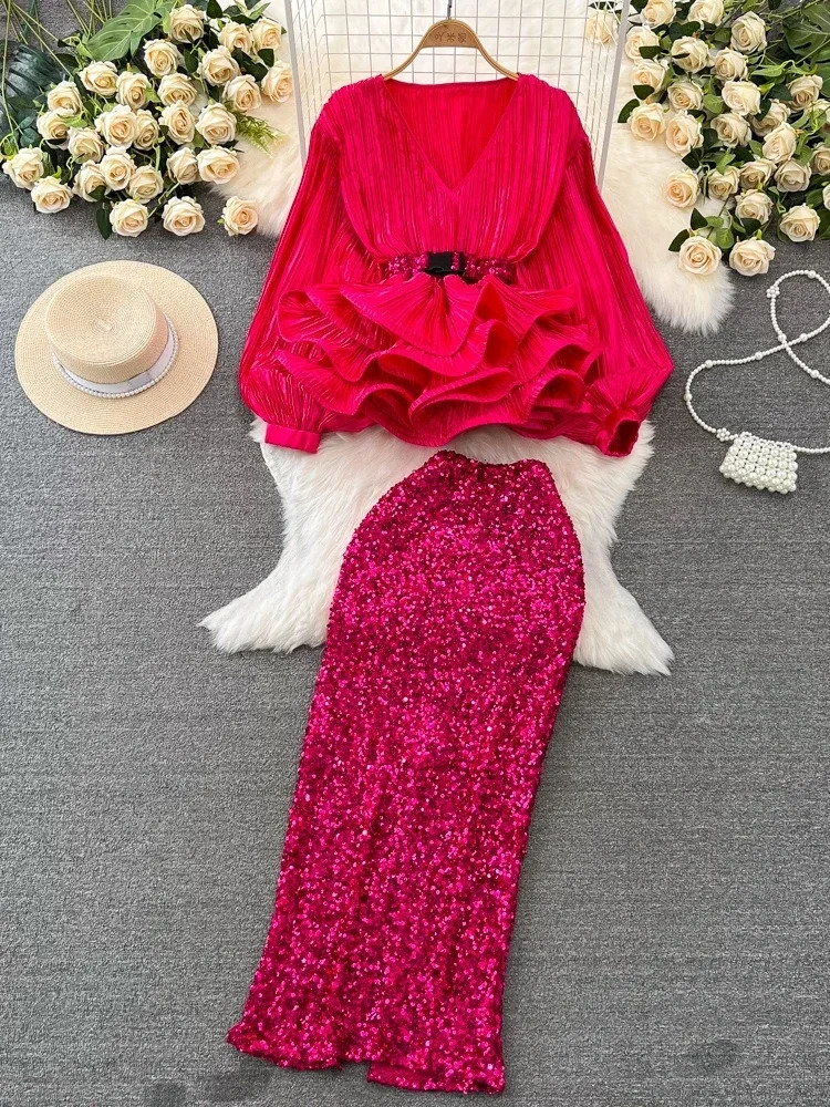 Fashion 2 Piece Sets Women Lantern Sleeve V-neck Ruffles Tops High Waist Bodycon Sequined Skirt Outfits Temperament Korean Suit 250210